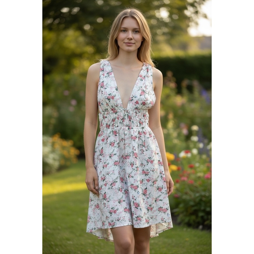 Floral Mini Dress Deep V-Neck Smocked High-Low 4 Cottagecore Coquette Fairycore‎